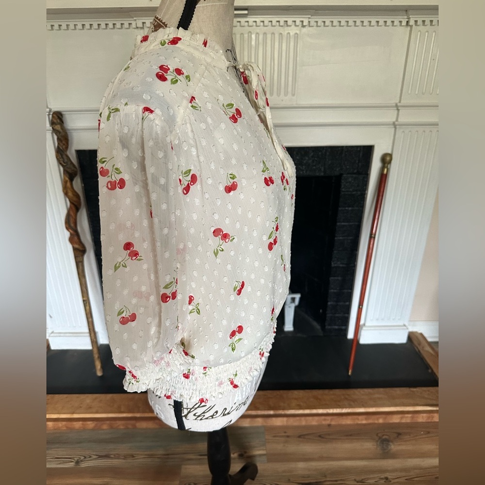 Joie Cherry Print Swiss Dot Peasant Blouse L Sheer Smocked Waist Cottage Flirty - Picture 16 of 16